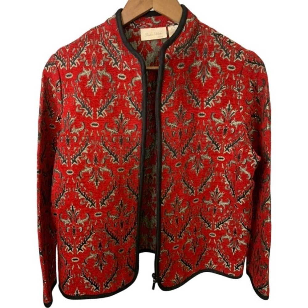Studio Works Petite Med. Jacket Red/Black Open Front Jacquard Cardigan Boho Vint